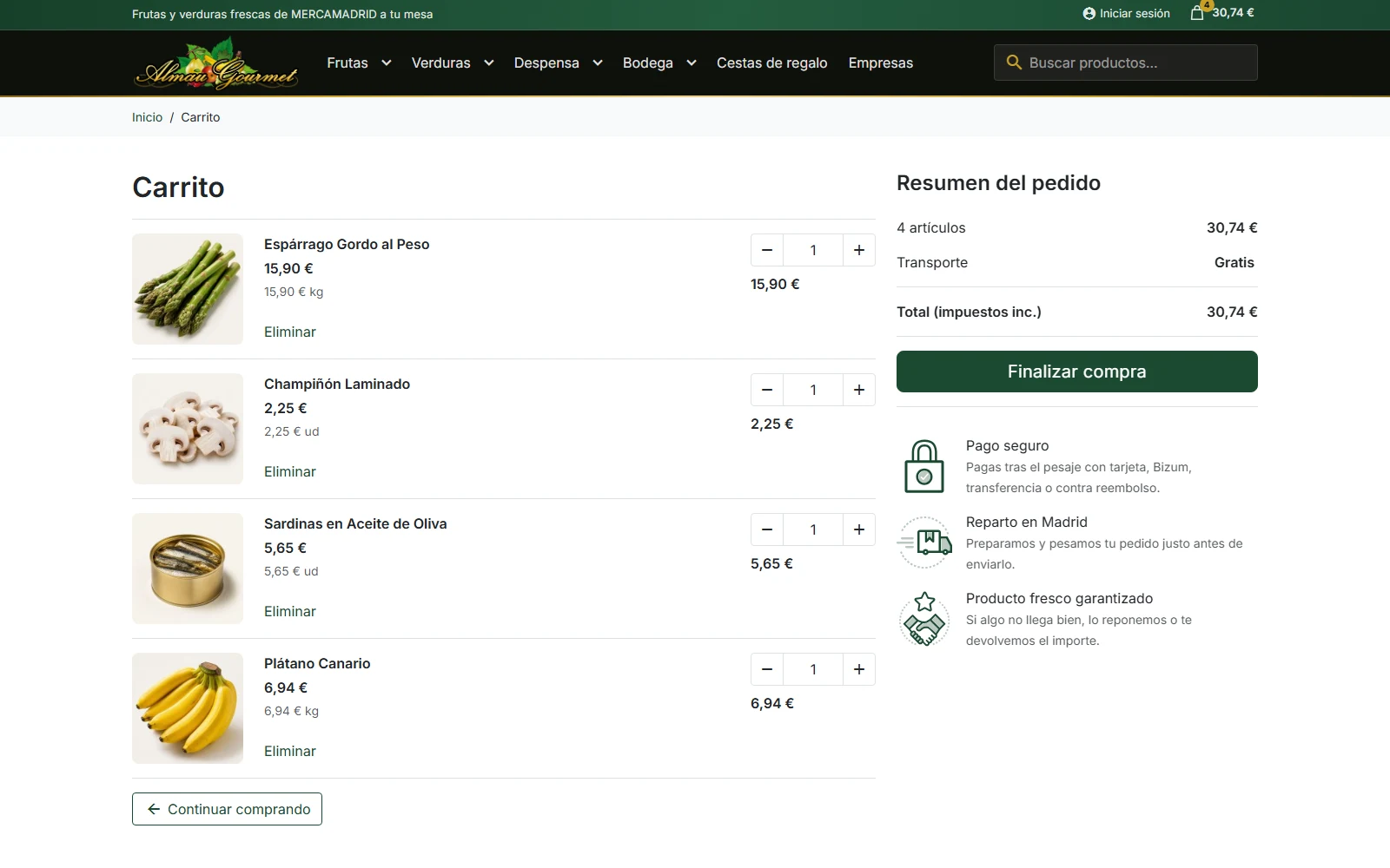 Página de la cesta con el resumen del pedido