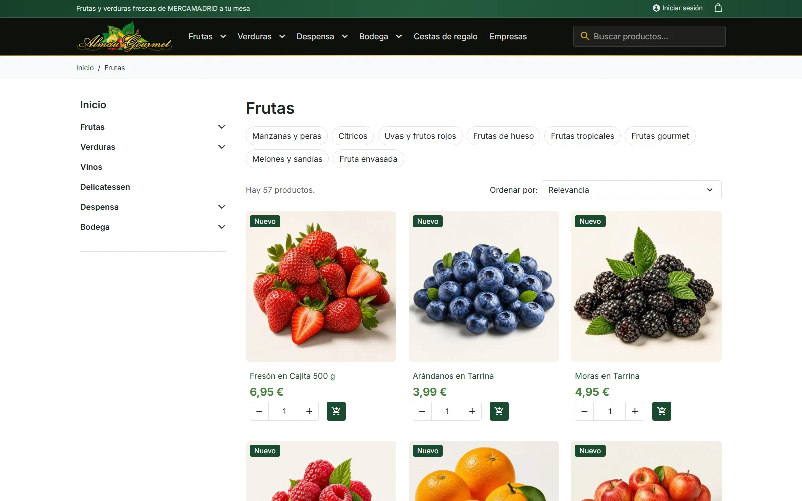 Categoría Frutas con subcategorías, filtros y productos al peso