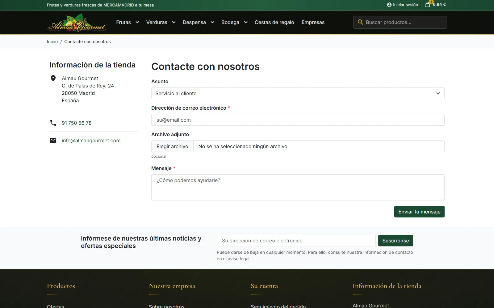 Formulario de contacto y datos de la tienda