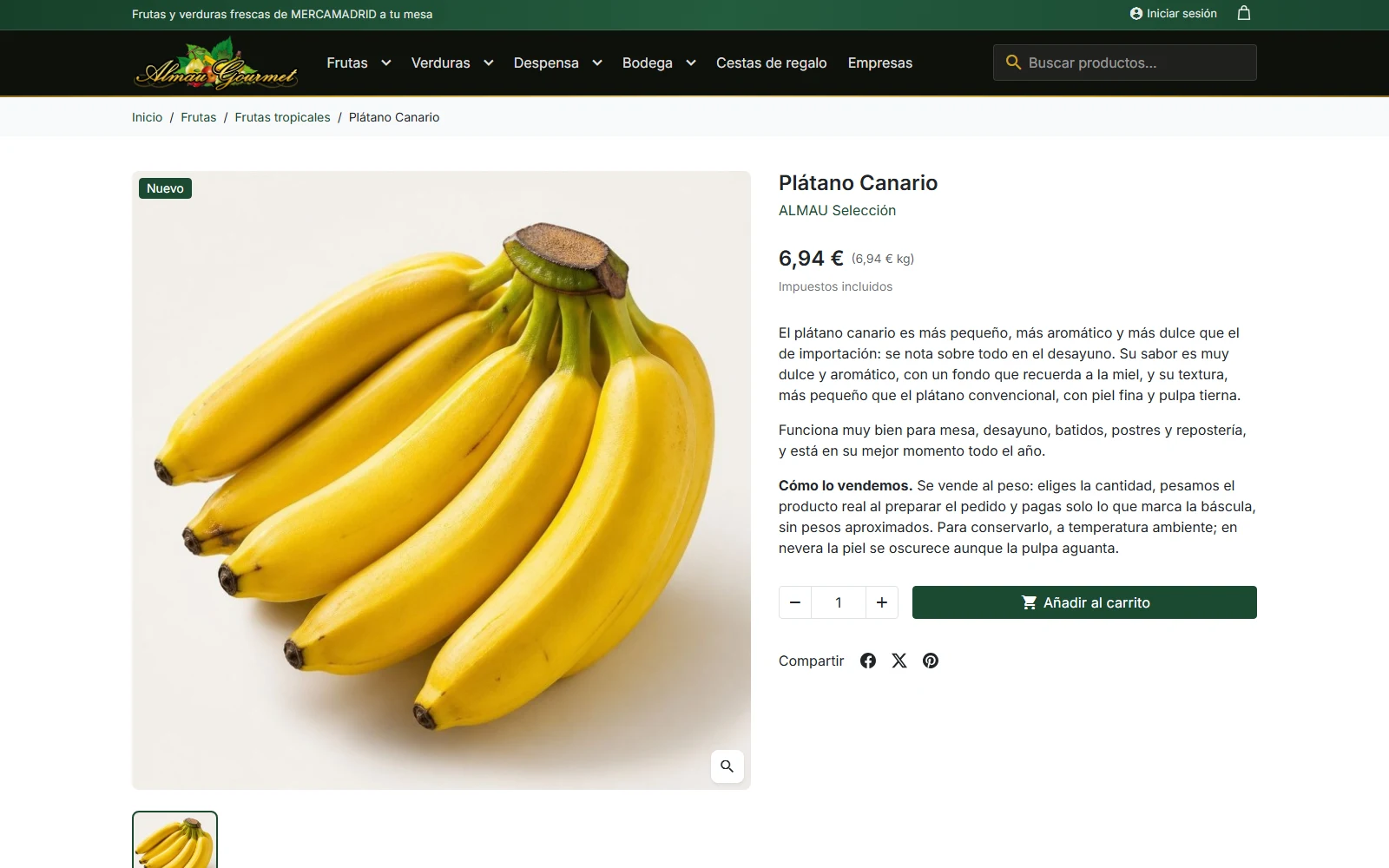 Ficha de producto con precio por kilo y compra