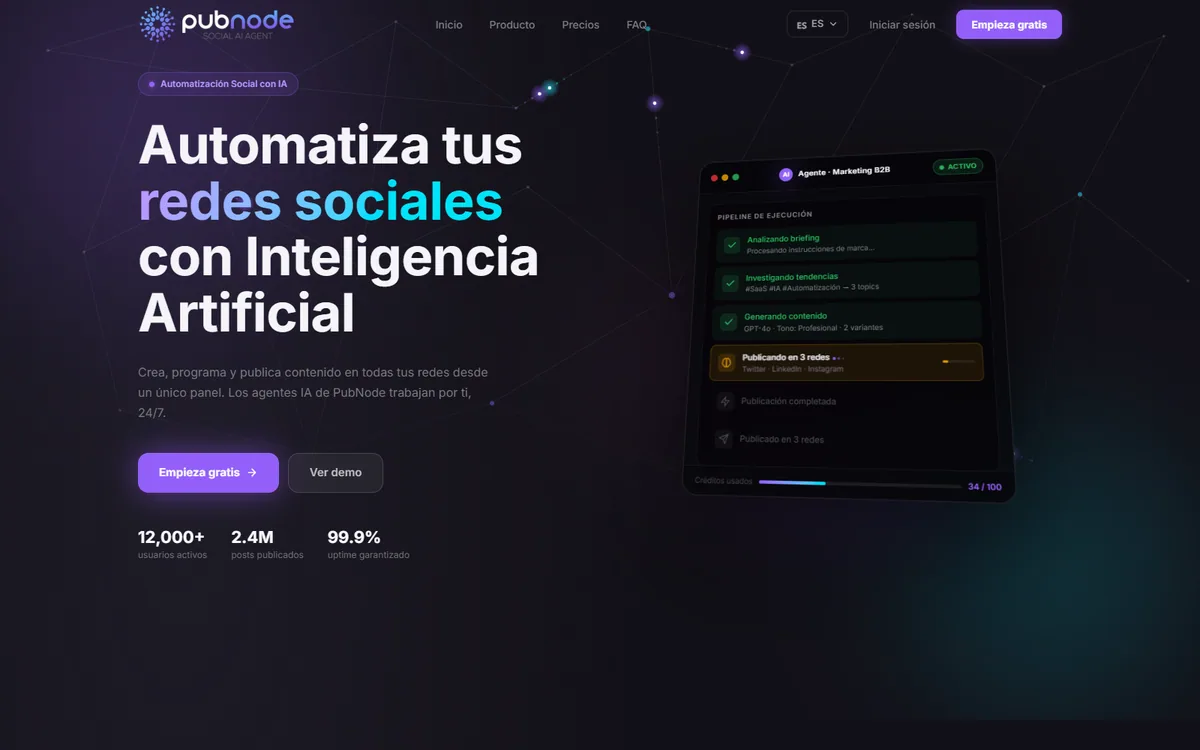 Proyecto web PubNode.io, plataforma SaaS de automatización con IA
