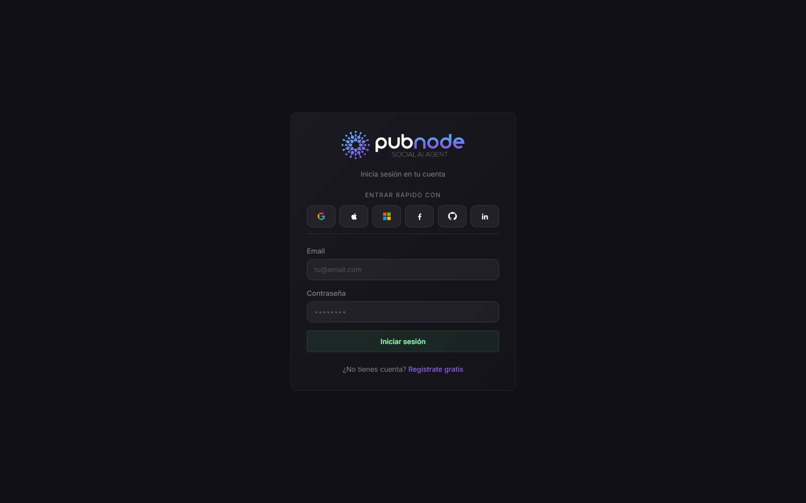 Pantalla de acceso a PubNode