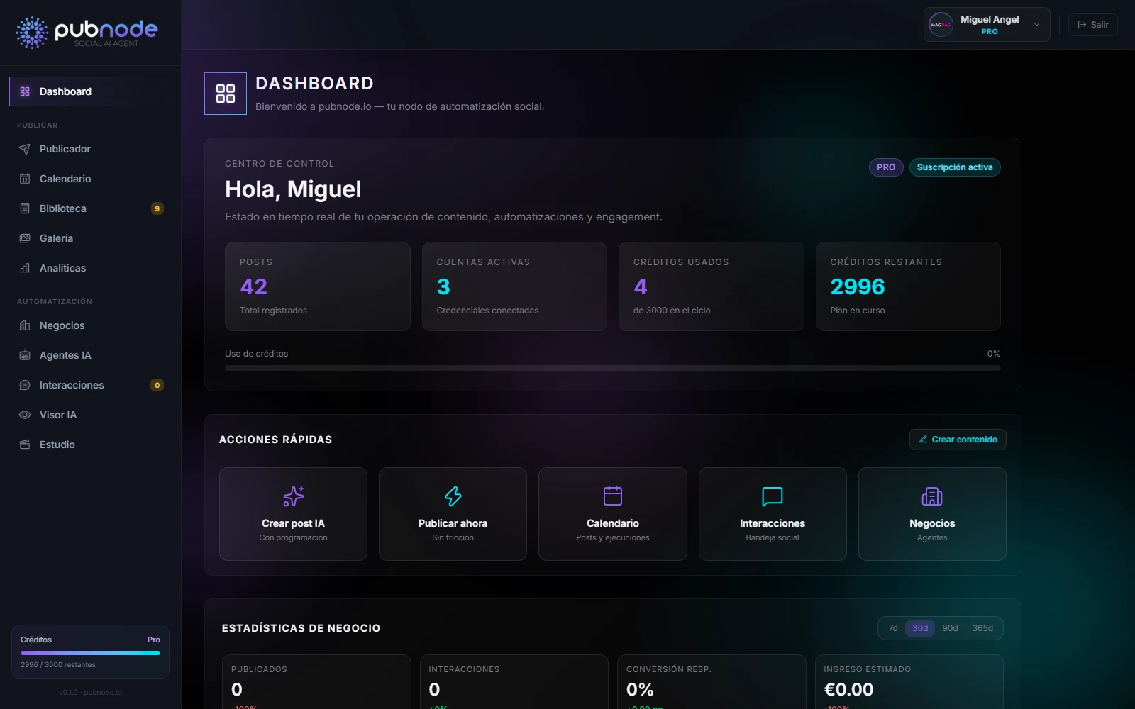 Dashboard principal de la aplicación