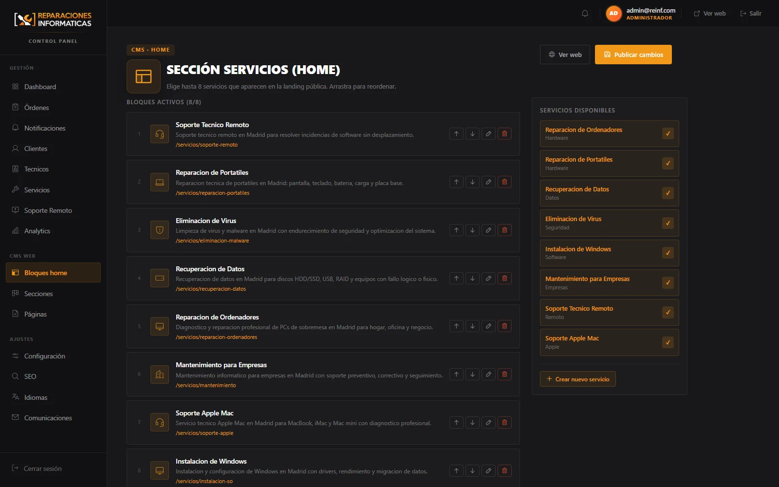 Backoffice: CMS de secciones y bloques