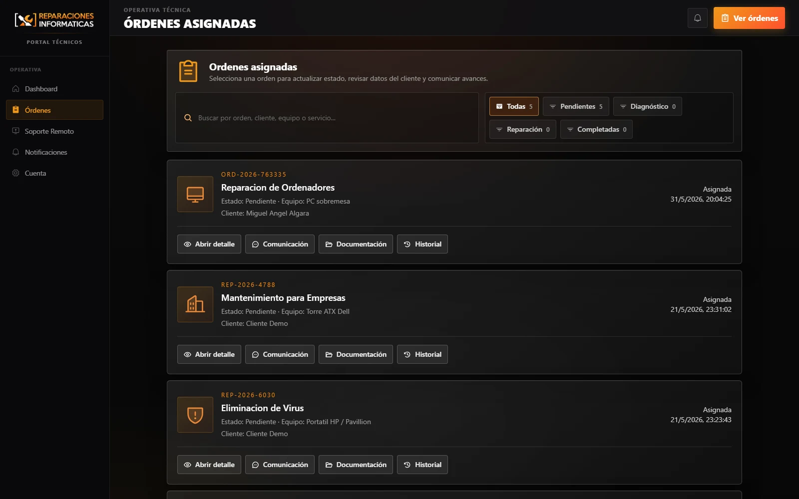 Portal de técnicos: órdenes asignadas